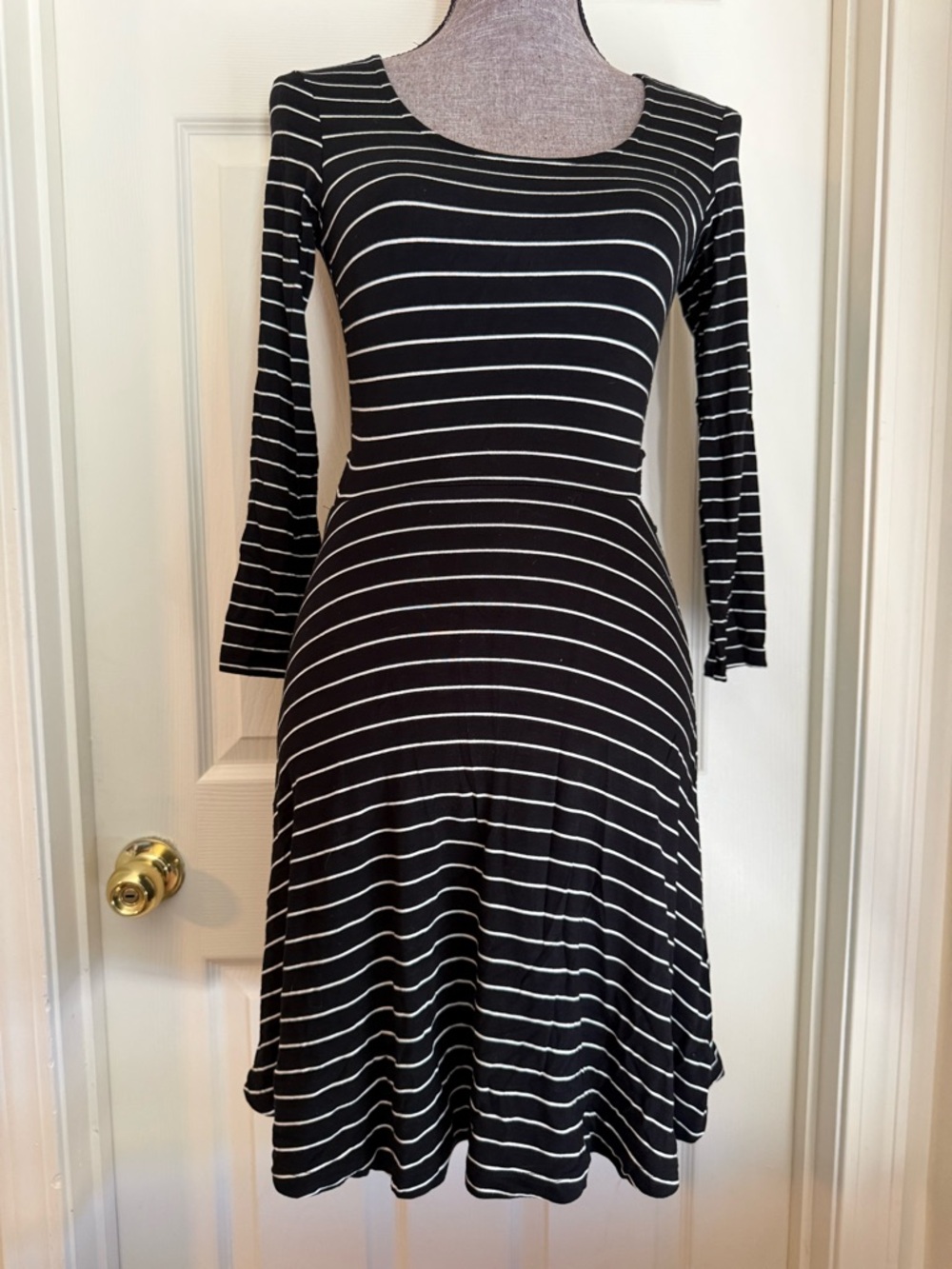 American Eagle Outfitters Black & White Striped Long Sleeve Fit-and-Flare Dress